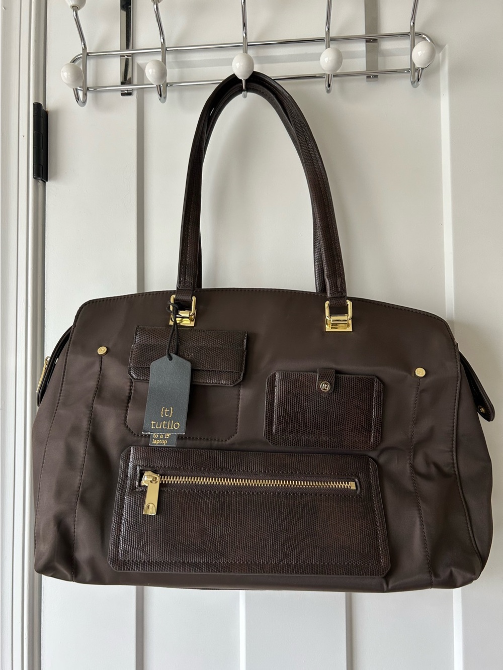 NWT- Tutilo Brown Travel or Office Tote Bag with Gold Accents